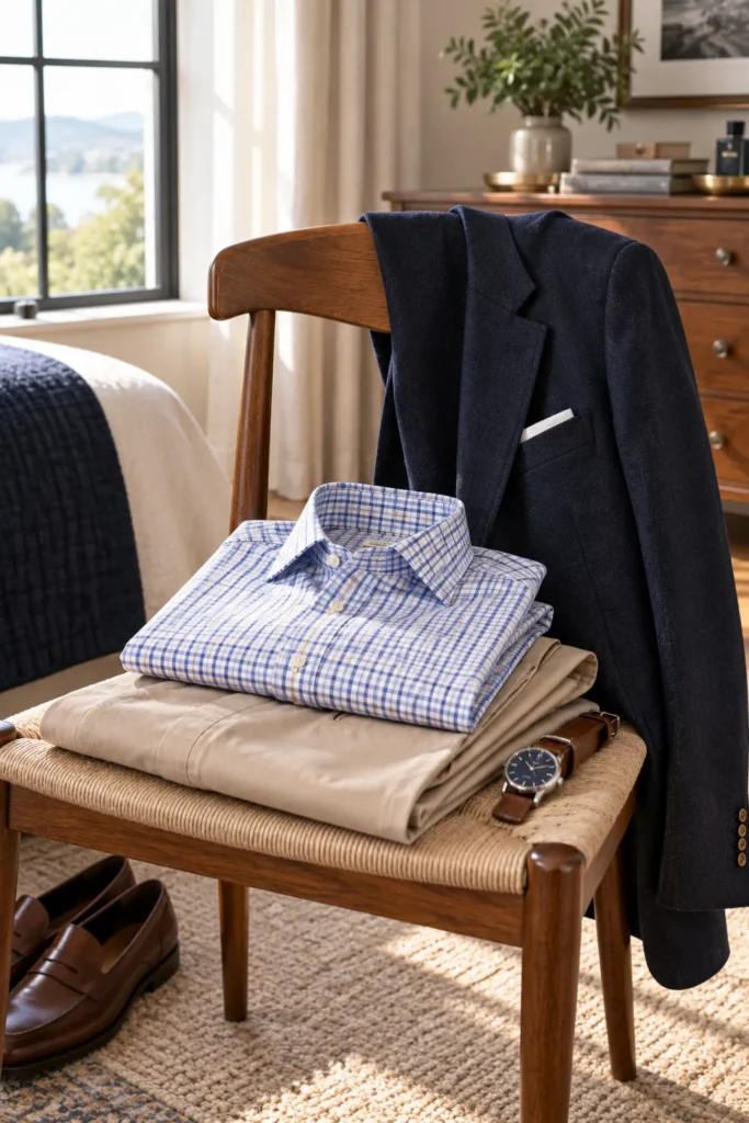 photo representing balanced men's outfit patterns for a man over 50. The scene features a neatly folded subtle-check shirt