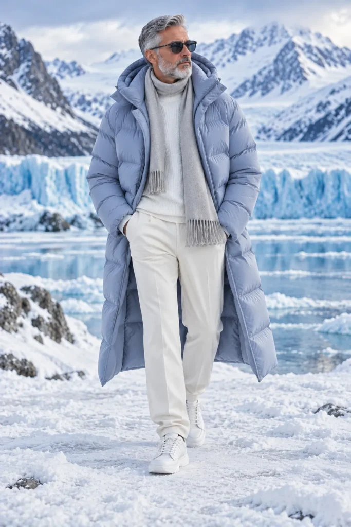 photorealistic luxury menswear image featuring a 58-year-old man with short silver hair and a neat gray beard.