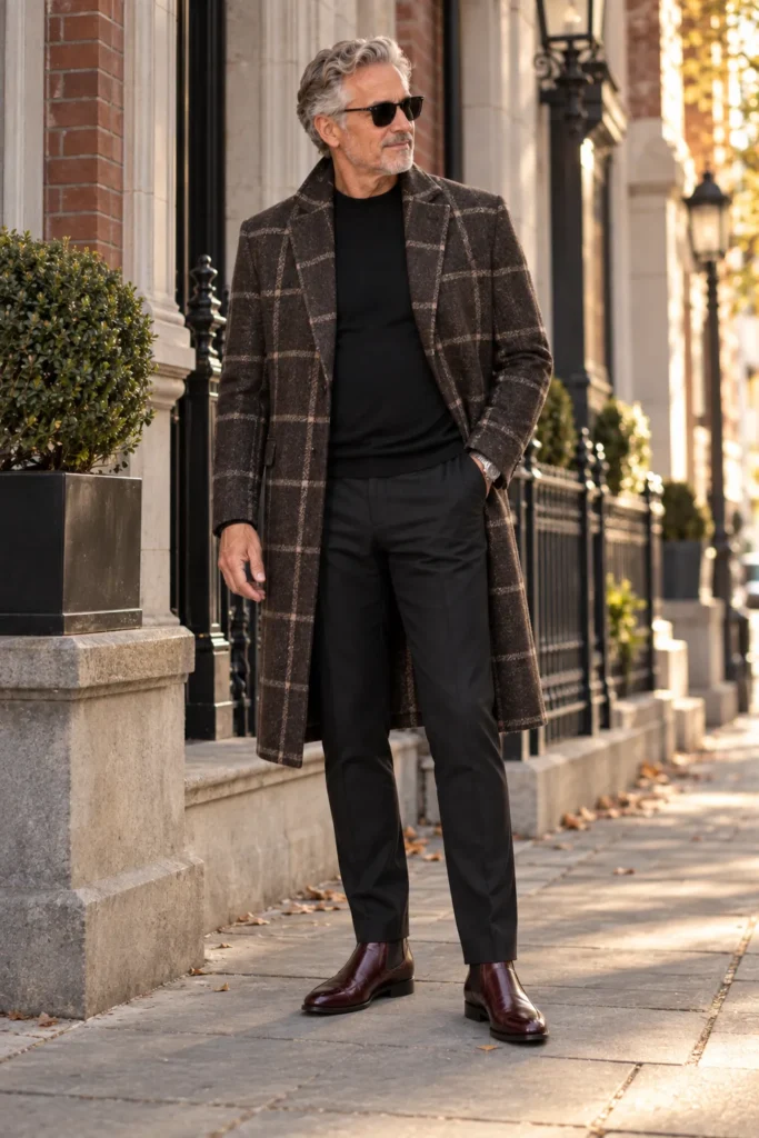 photograph of a confident stylish man around 60 with a natural fuller stomach standing full body on a sophisticated urban street