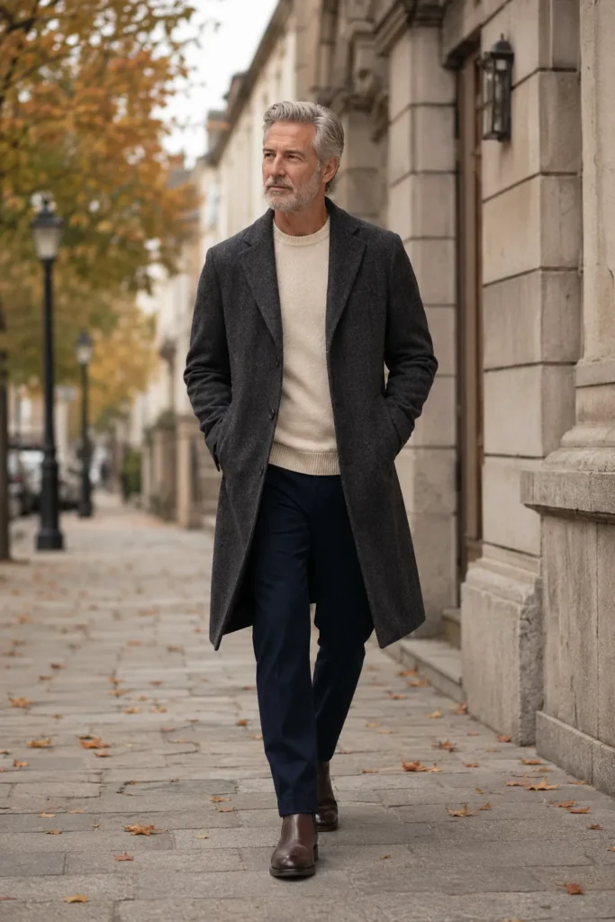 photograph featuring a distinguished 62-year-old man with short silver hair, neatly trimmed gray stubble