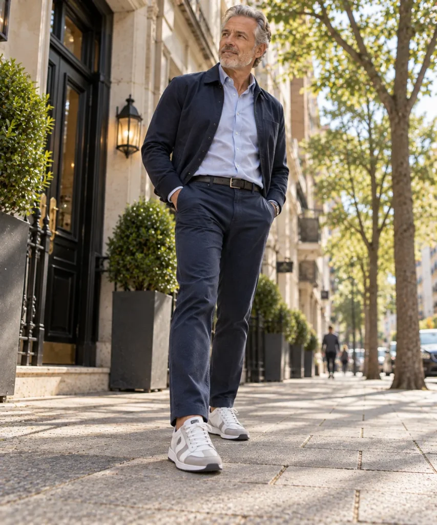 photograph featuring a mature man around 59 wearing slim low-profile sneakers in white and grey