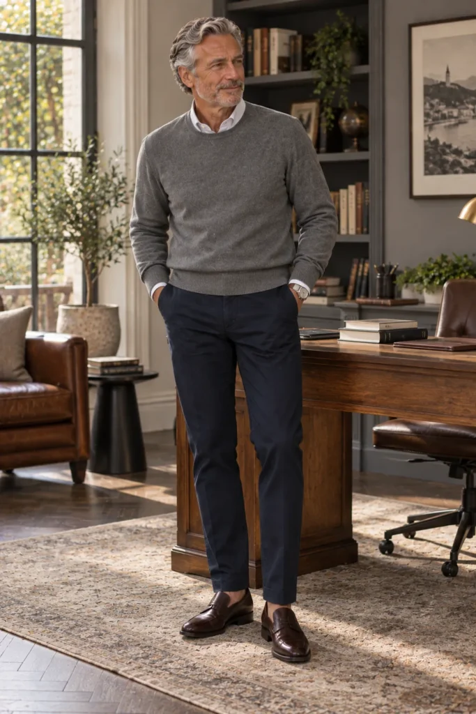 photograph of a mature man around 56 wearing a medium-gray machine-washable merino crewneck sweater over a clean white shirt