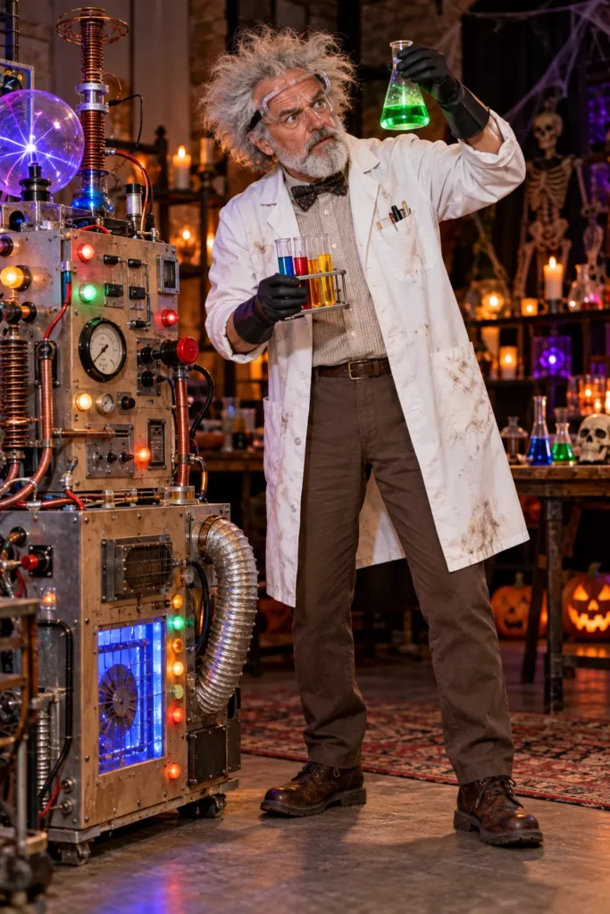 photograph of a different 63-year-old man with wild gray hair, gray beard, and expressive eyebrows dressed as a humorous mad scientist.