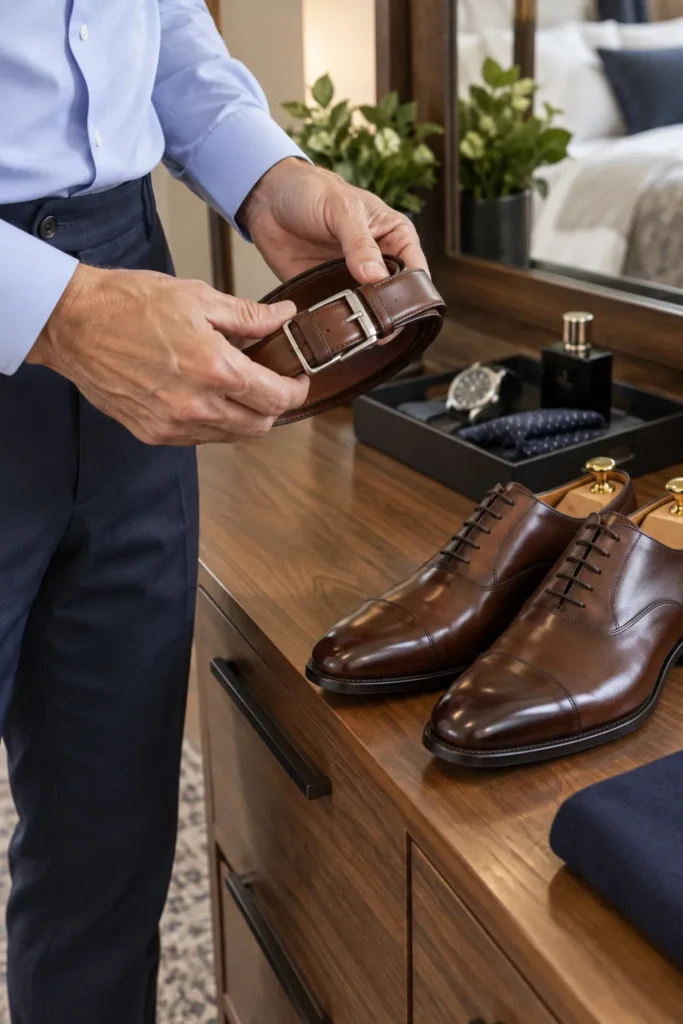 photo showing a mature man's hands selecting a brown leather belt beside polished brown leather dress shoes