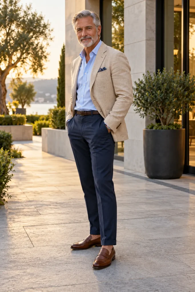  photorealistic men's fashion editorial featuring a well-dressed 60-year-old man with short gray hair and a neat beard standing on a clean stone walkway outside a modern building. 