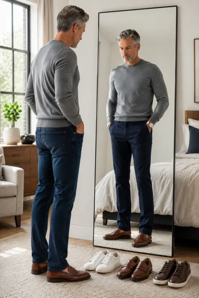 photo of a distinguished man around 55 standing in front of a full-length mirror while comparing brown leather loafers with dark blue jeans and navy chinos