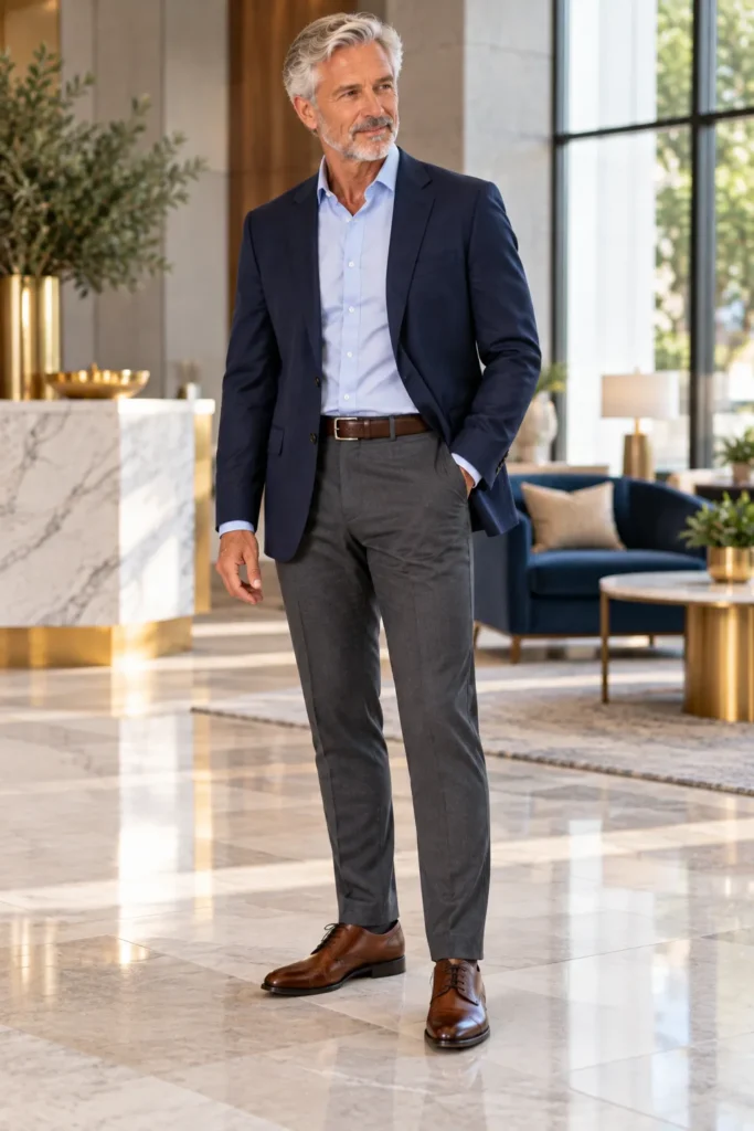photograph featuring a stylish 60-year-old man with short silver hair and a neatly trimmed beard wearing a navy blazer, light blue dress shirt
