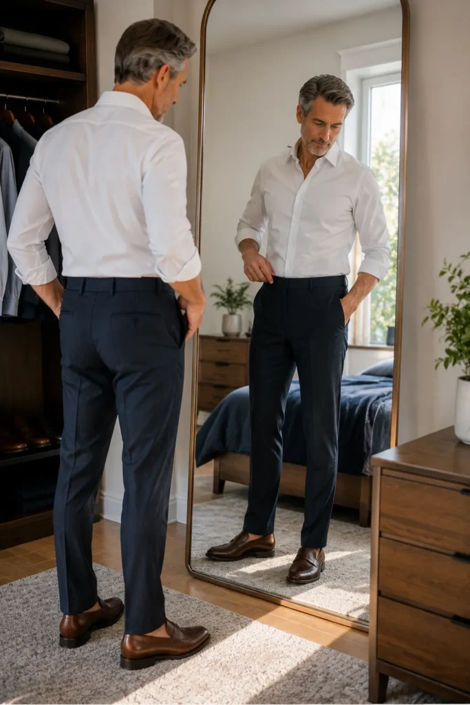 photo of a distinguished man around 55 checking the fit of dark trousers in a full-length mirror