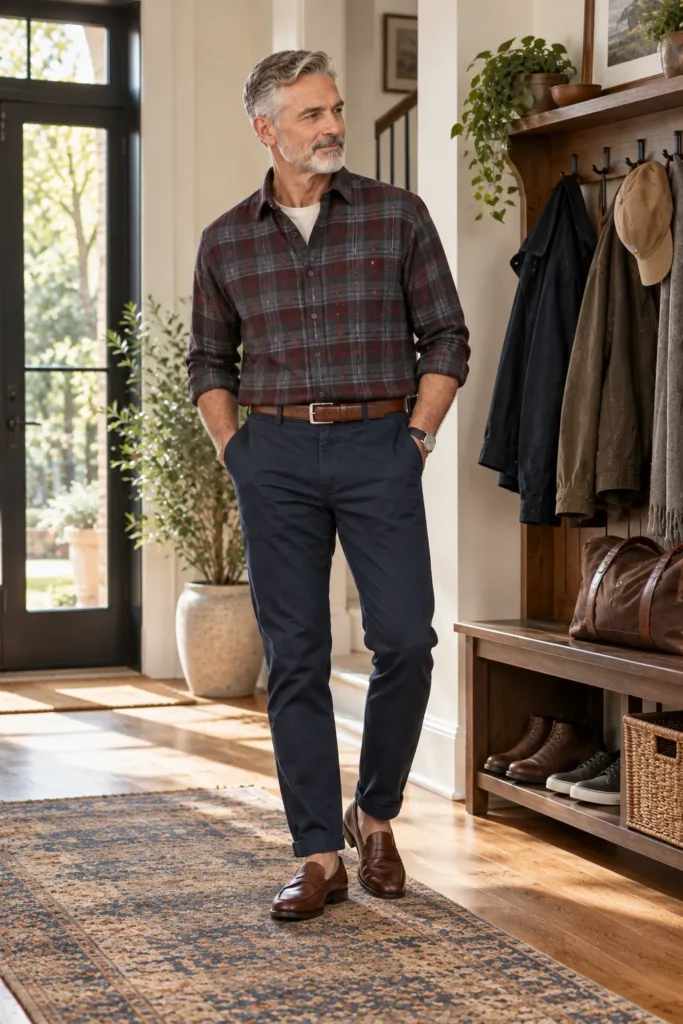 photograph of a refined 58-year-old man with short salt-and-pepper hair and a neatly trimmed beard wearing a muted charcoal and burgundy plaid flannel shirt