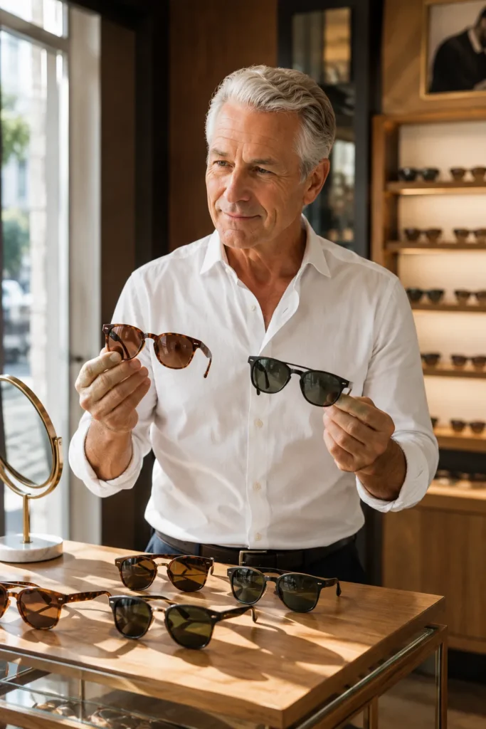 photo representing a mature man comparing different sunglasses to find a frame that suits his face