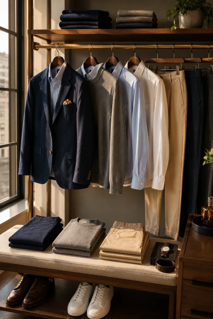 photo representing smart men's outfit combinations with blazers, sweaters, shirts, and trousers