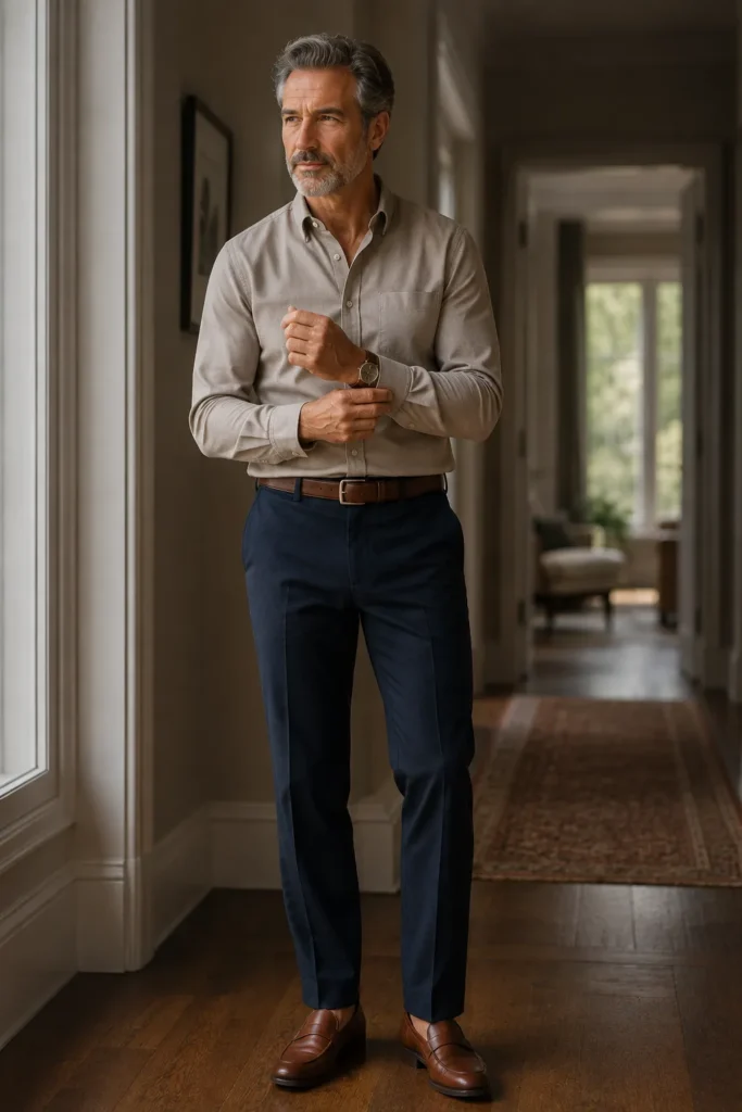 photograph of a stylish 57-year-old man with neatly combed salt-and-pepper hair and a short beard