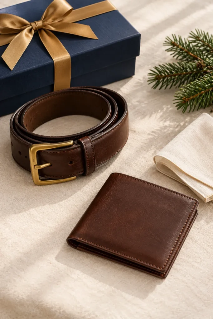 photograph of a matching dark brown leather belt and bifold wallet arranged neatly on a cream linen surface. 