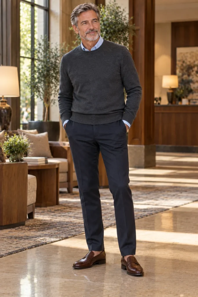 photograph of a mature man around 59 wearing a lightweight charcoal merino wool crewneck sweater over a pale blue Oxford shirt