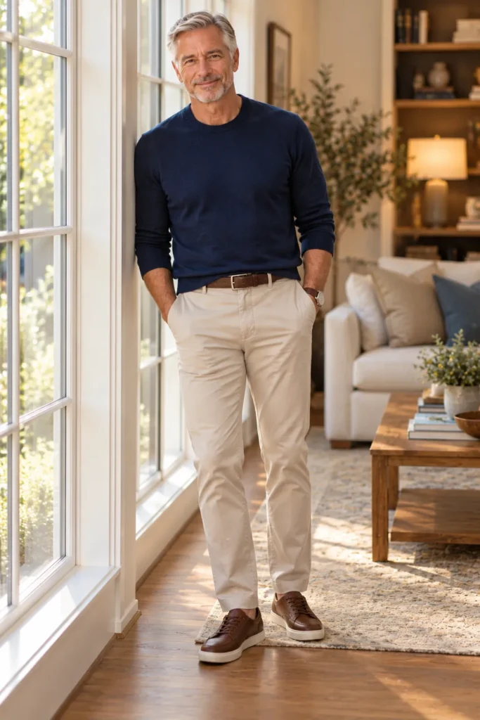 photograph of a stylish 58-year-old man with short silver hair and light stubble standing beside a window in a comfortable