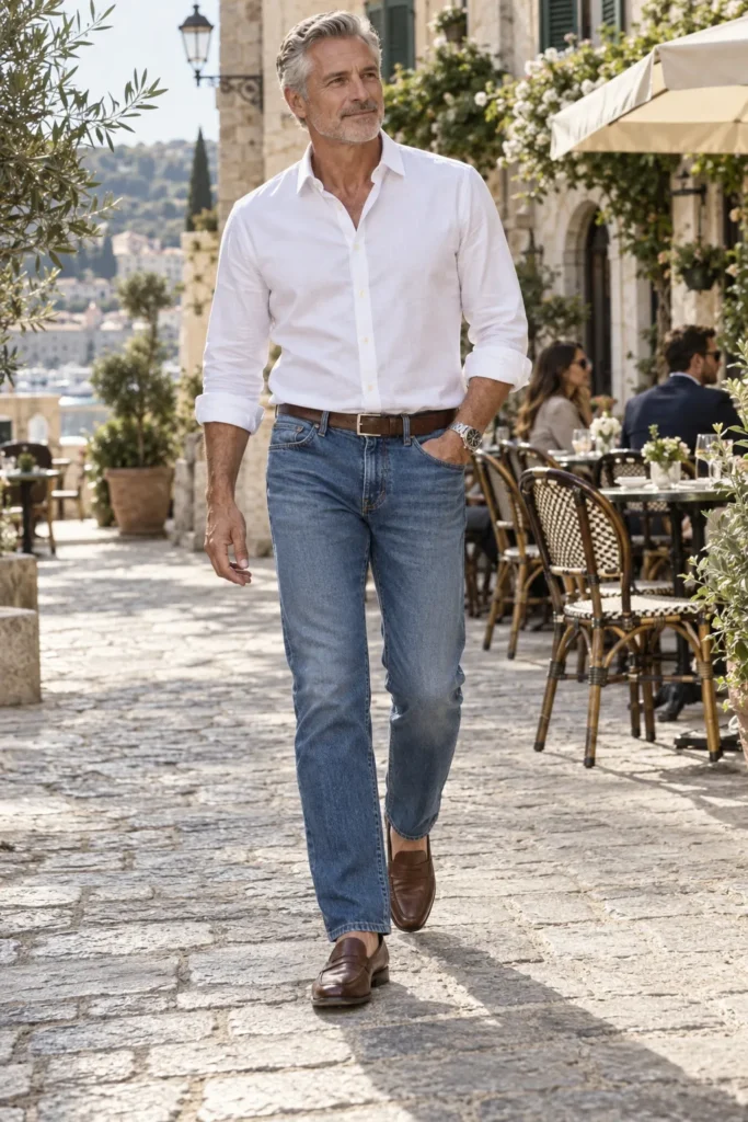 photograph of a distinguished 58-year-old man with short neatly styled grey hair wearing clean medium-blue straight-leg jeans