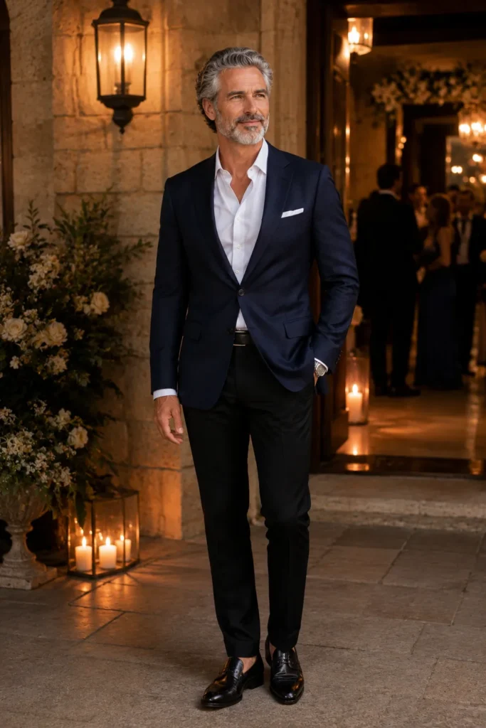 photo of an elegant mature man in his early 50s with silver-grey hair and a short grey beard wearing a midnight-blue tailored blazer