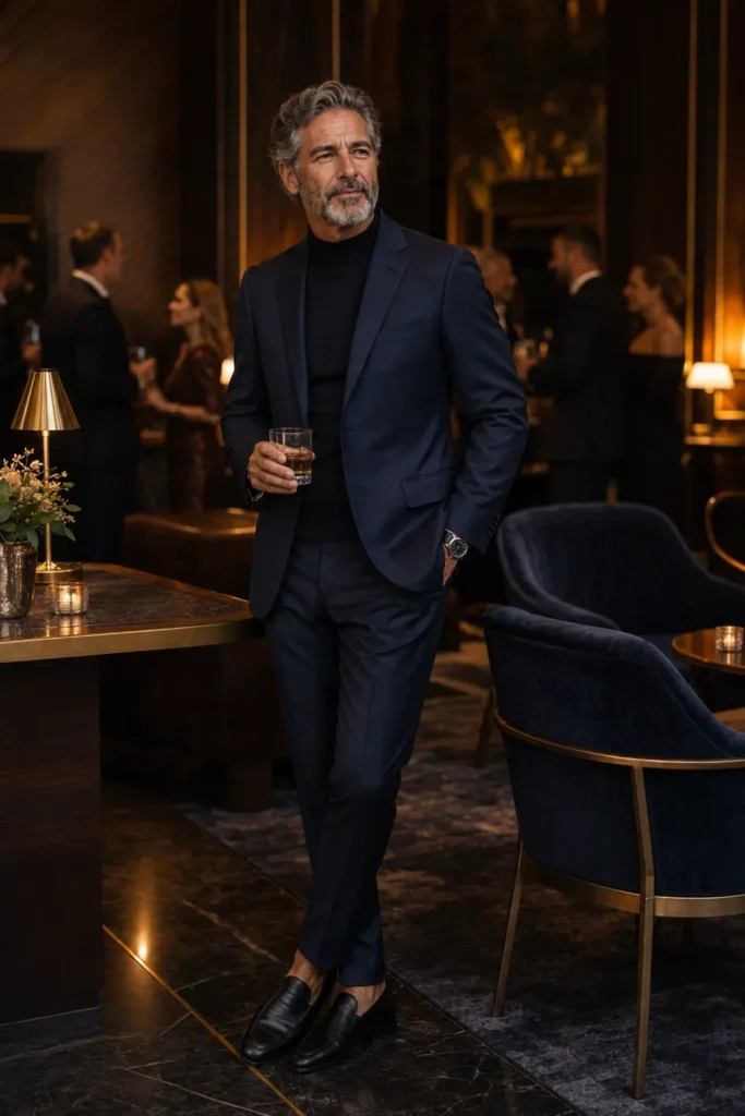 photograph of a distinguished 60-year-old man at an elegant evening birthday cocktail gathering