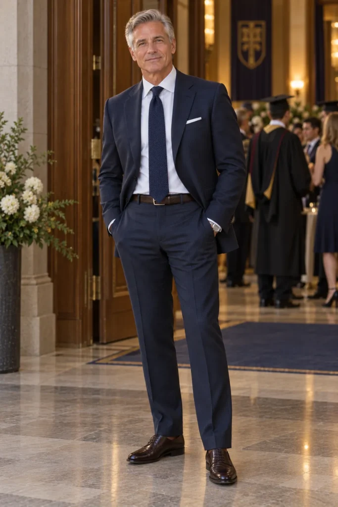 photograph of a distinguished 63-year-old man attending a formal graduation ceremony