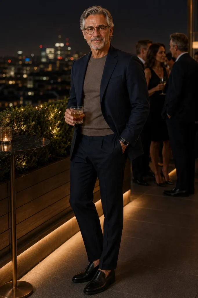 portrait of a distinguished 61-year-old man at a sophisticated rooftop cocktail reception