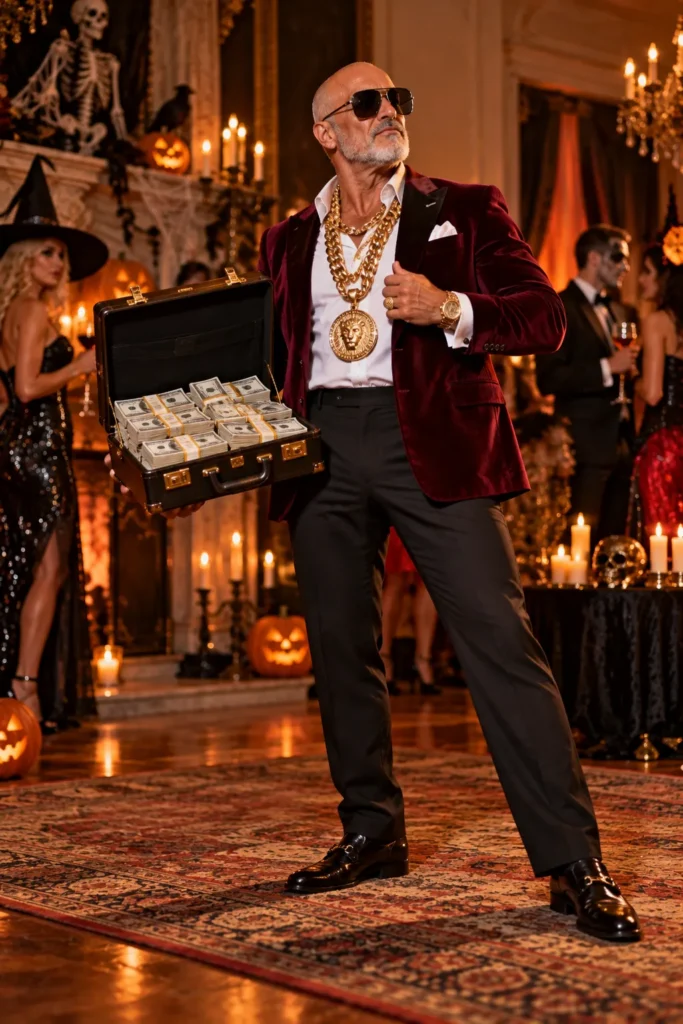 photograph of a different 60-year-old bald man with a neatly trimmed gray beard dressed as an exaggerated fake millionaire