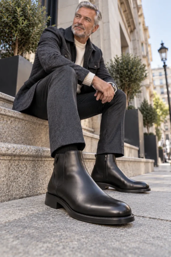 photograph with minimal black leather ankle boots as the main focal point
