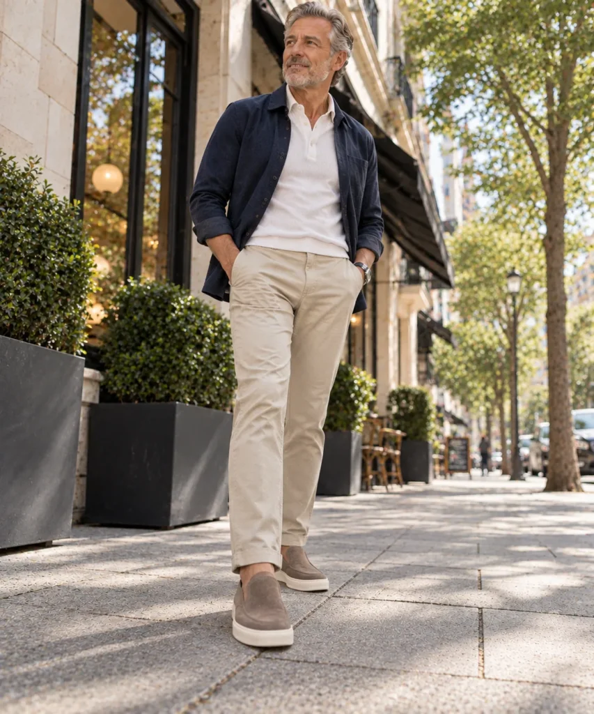 photograph featuring a mature man around 57 wearing minimal black or taupe slip-on sneakers