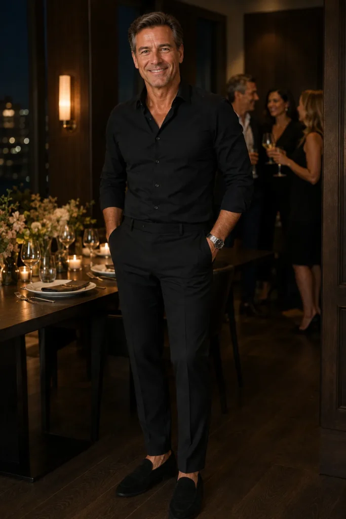 photograph of a confident man around 50 at an evening birthday celebration
