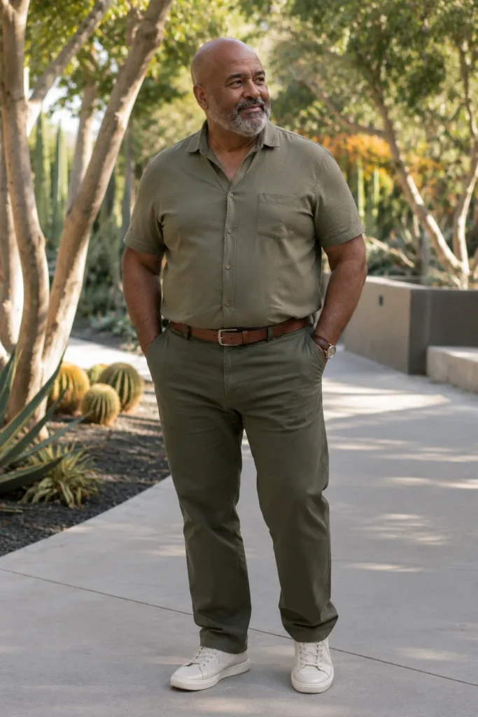photograph of a completely different 64-year-old plus-size man with a triangular face, medium-dark skin