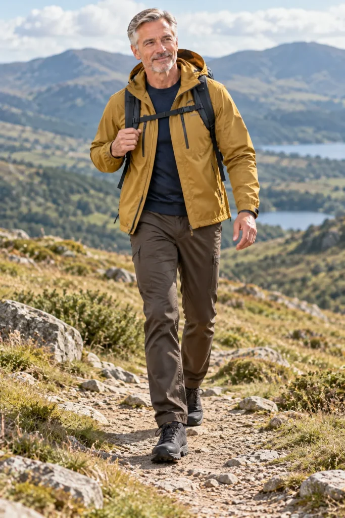 photograph featuring a 59-year-old man with short gray hair wearing a muted mustard windbreaker