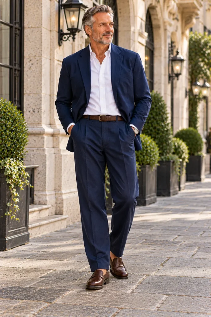 Navy Baggy Suit with a White Shirt for a Clean, Modern Look