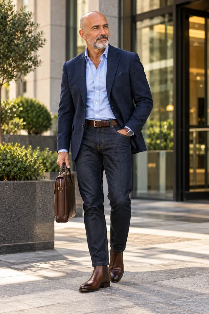 photograph featuring a stylish 58-year-old bald man with a neatly trimmed salt-and-pepper beard