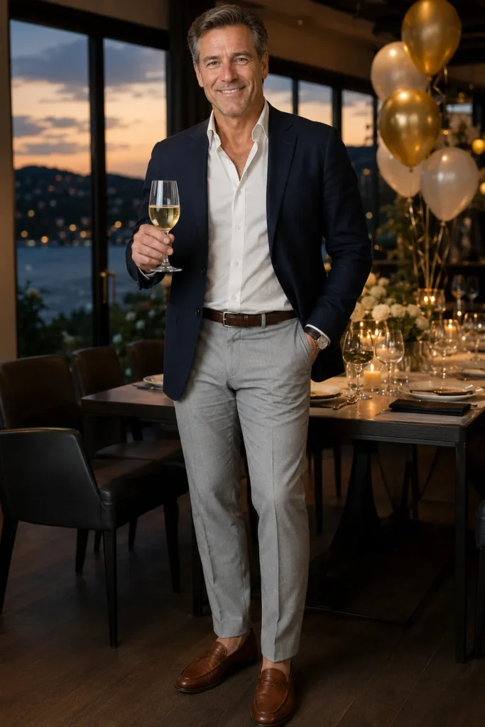photo of a confident handsome man around 50 celebrating his milestone birthday at an elegant modern restaurant