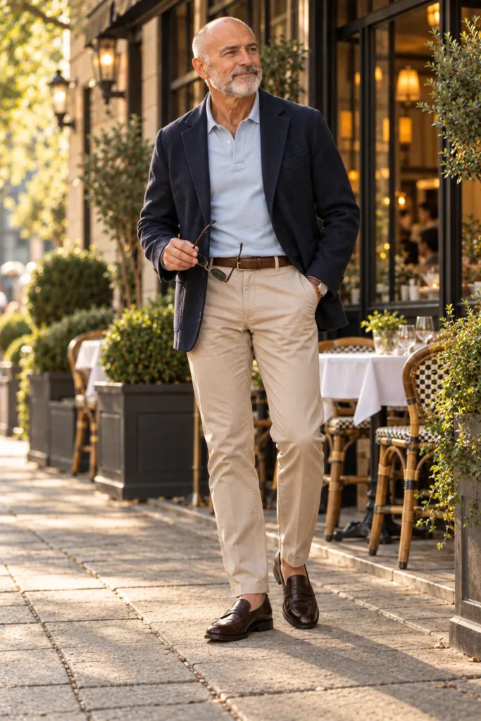 photograph of a sophisticated 62-year-old bald man with a neatly groomed gray beard wearing an unstructured deep navy blazer over a pale blue polo shirt