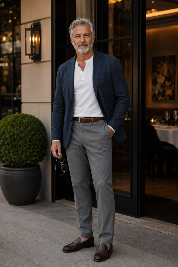 photograph featuring a distinguished 64-year-old mature man with a broad natural build, neatly styled silver hair, short salt-and-pepper beard