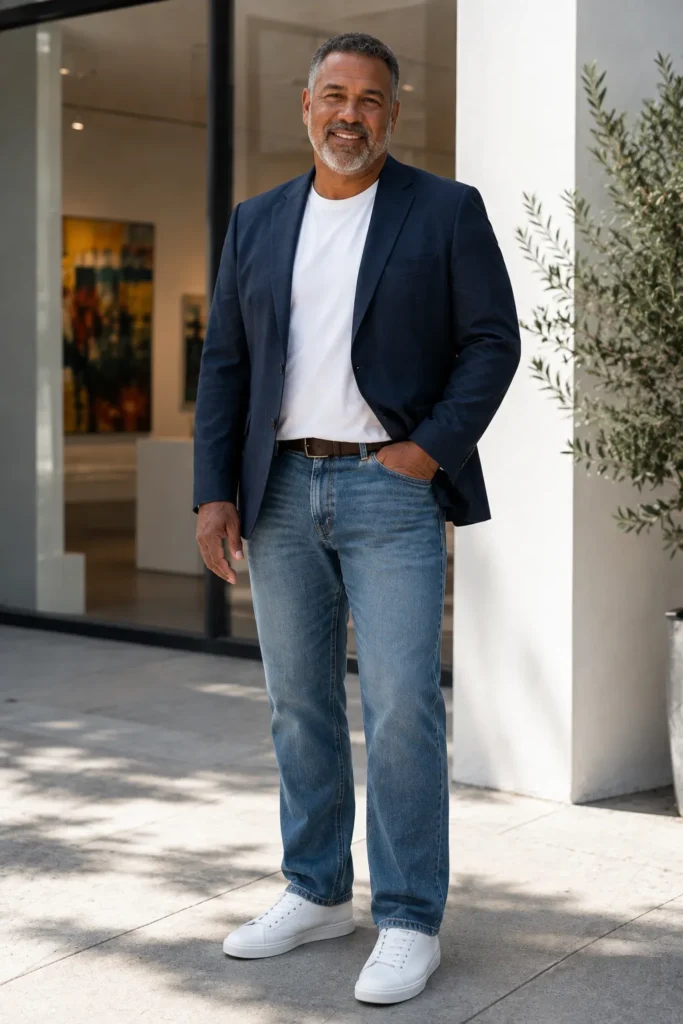 photograph featuring a 59-year-old big and tall man with a broad mature build, short salt-and-pepper hair, neatly groomed beard,