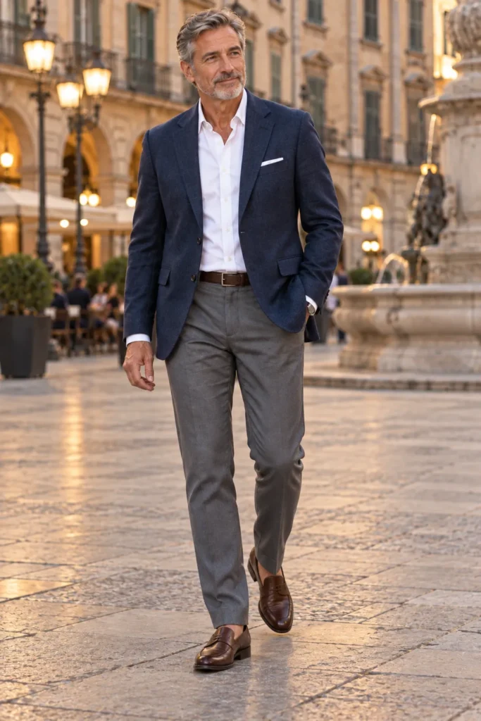 photograph of a mature man around 58 wearing a classic medium-navy blazer with a subtle wool texture
