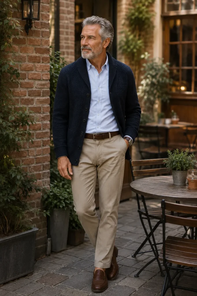photograph featuring a distinguished 59-year-old man with short gray hair, neatly trimmed beard, and natural mature build