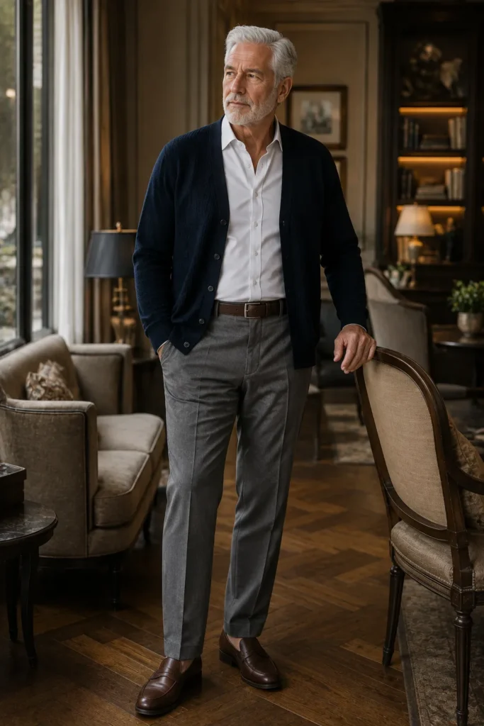 photograph featuring a completely different 69-year-old big and tall man with a narrow rectangular face, neatly styled silver hair