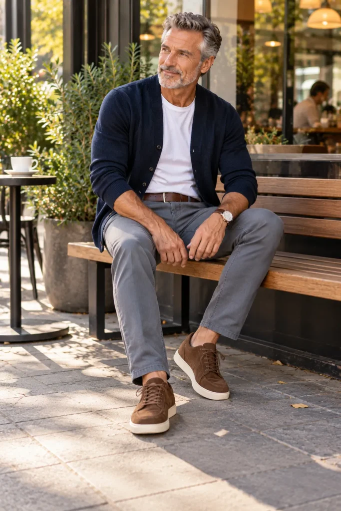 photograph of a 57-year-old man with short salt-and-pepper hair sitting casually on a wooden bench outside a modern neighborhood cafe before meeting old friends