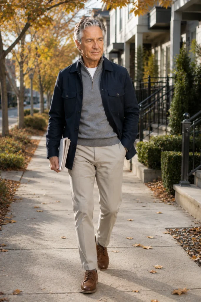 photograph of a confident 60-year-old man wearing a navy chore jacket over a medium-grey quarter-zip sweater