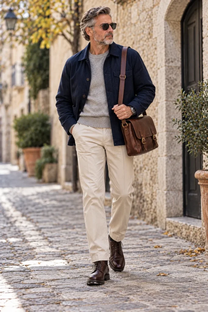 photograph featuring a stylish 59-year-old man with short salt-and-pepper hair and a neatly trimmed gray beard