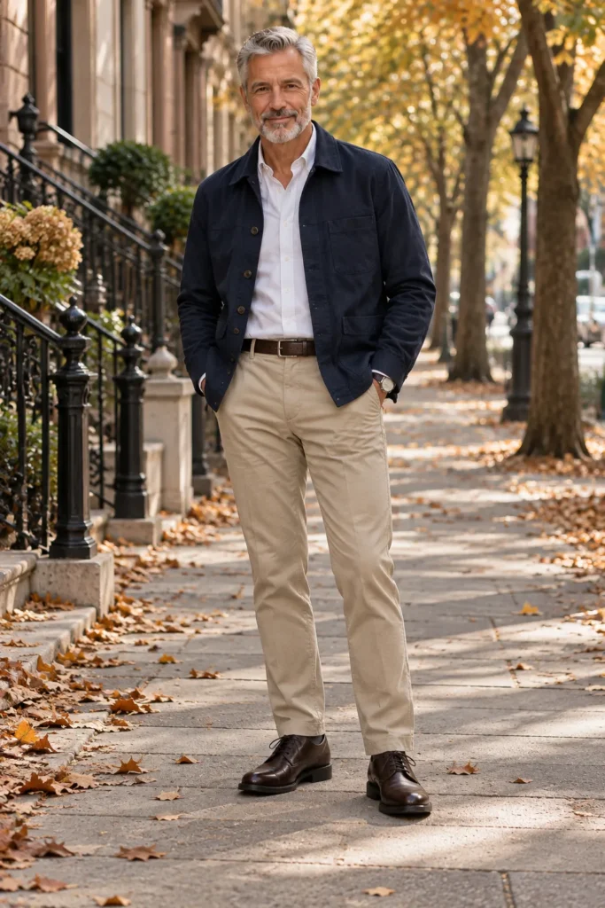 photograph featuring a 60-year-old man with short gray hair, a neatly trimmed beard, and an average athletic build