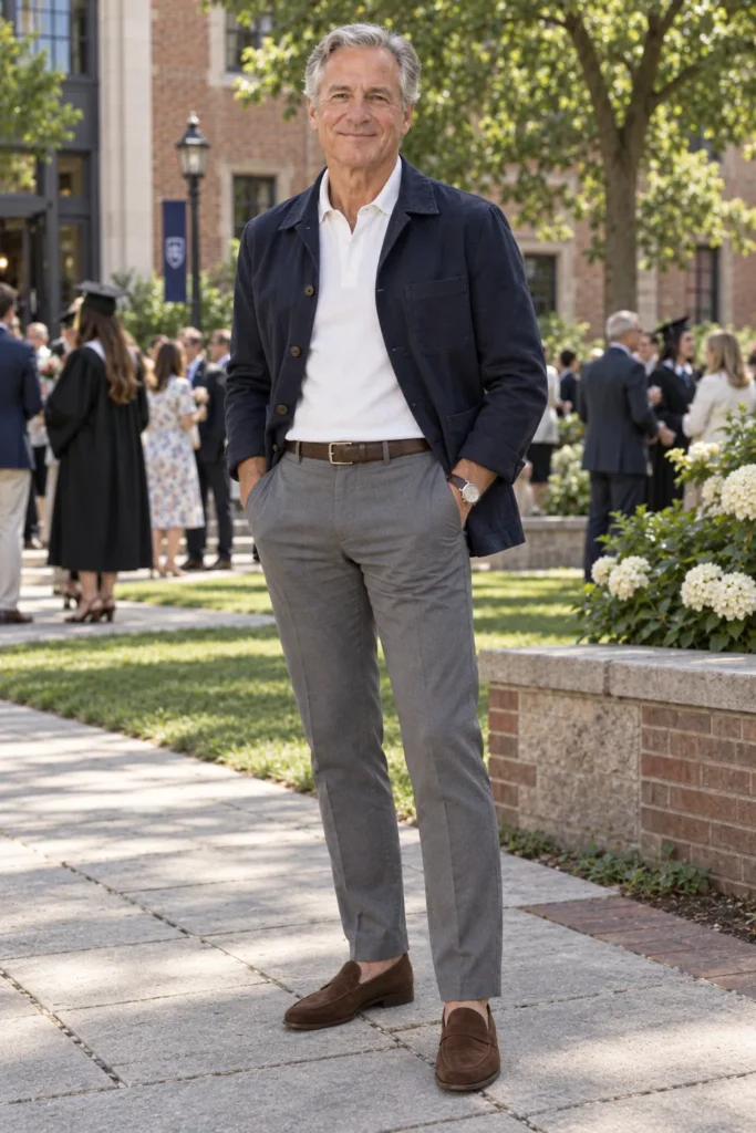 photograph of a distinguished 55-year-old man attending a relaxed family graduation event.