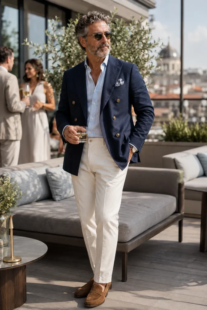photograph of a distinguished 60-year-old man at a stylish daytime cocktail event on an elegant hotel terrace