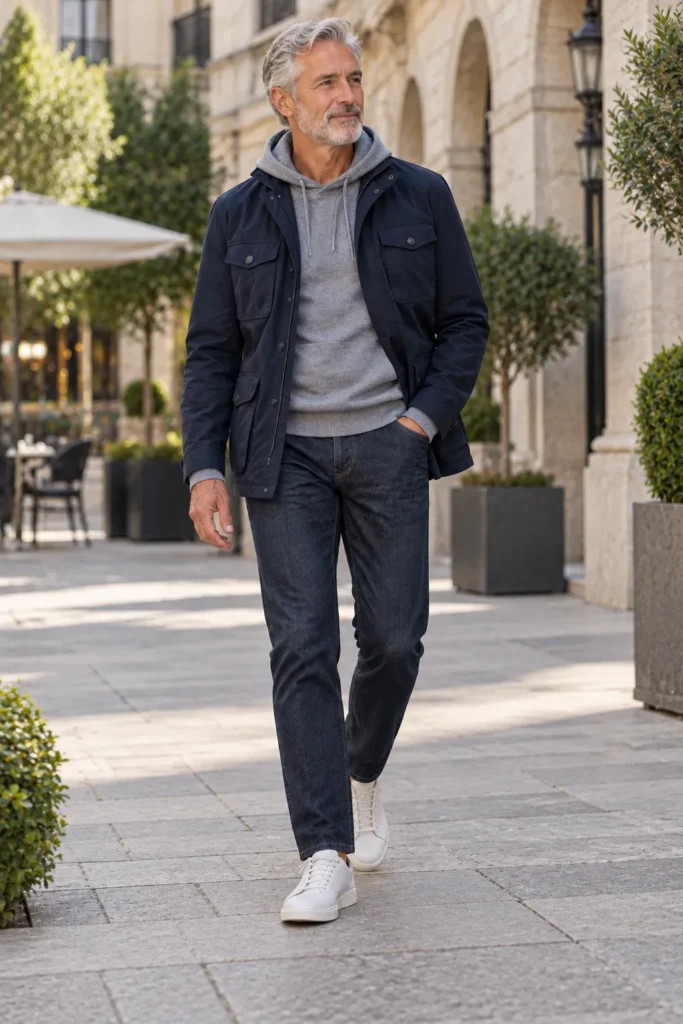 Navy Field Jacket With a Gray Hoodie and Clean Sneakers