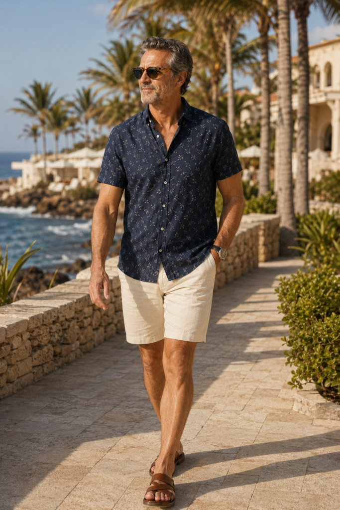 photograph of a confident 56-year-old man wearing a navy short-sleeve button-up shirt with a subtle small botanical print