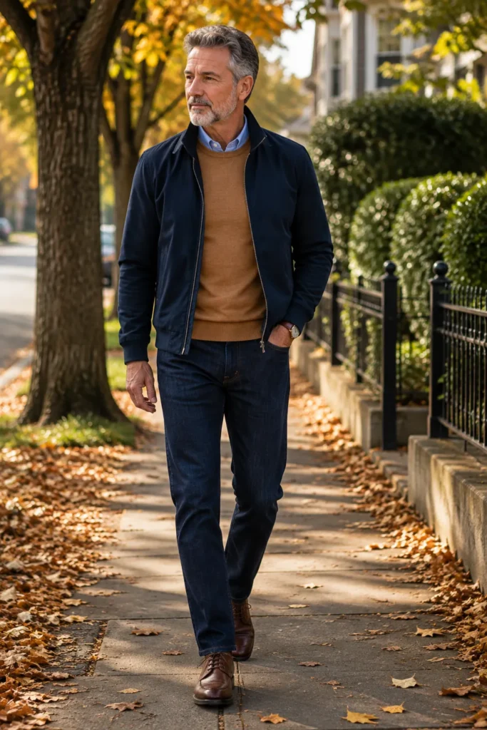 photograph of a confident stylish 60-year-old man wearing a navy Harrington jacket over a camel-colored fine knit sweater and pale blue Oxford shirt