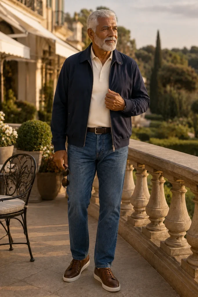photograph featuring a completely different 75-year-old big and tall man with a prominent rectangular face, thick white hair brushed neatly backward