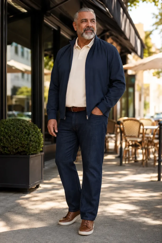 photograph featuring a completely different 58-year-old big and tall man with a broad mature build, short silver hair, neatly trimmed salt-and-pepper beard,